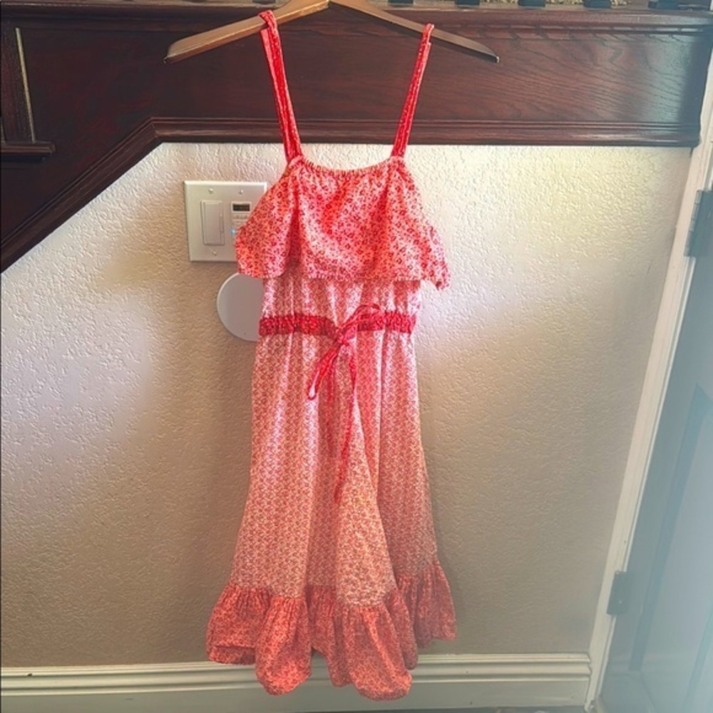 Wild Fire Red Floral Sundress Boho Cottagecore Midi Ruffled Bow Dress Size Large